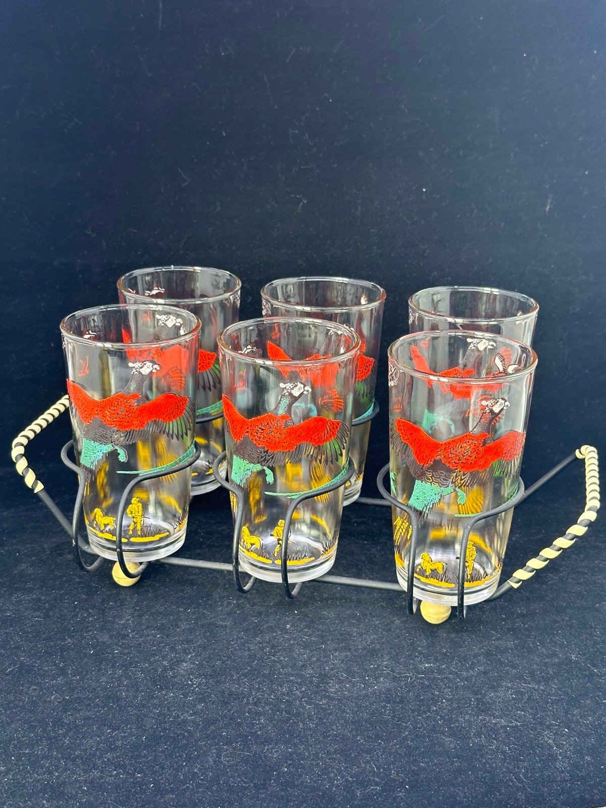 Hazel Atlas Hunt Scene Pheasant Highball Bar Set of 6 Glasses with Caddy
