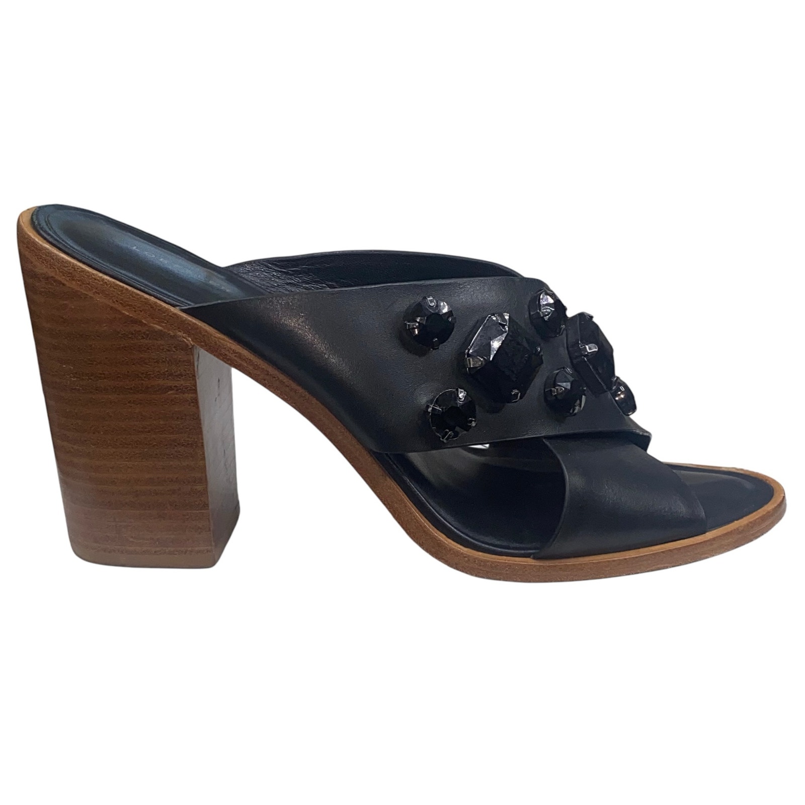 Loeffler Randall Women's Etta Black Leather Jeweled Block Heel Mules Size US 10