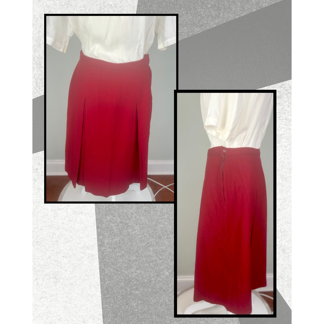 Vintage 1950s Red Inverted Box Pleated A-line Classic Corpcore Skirt Size M