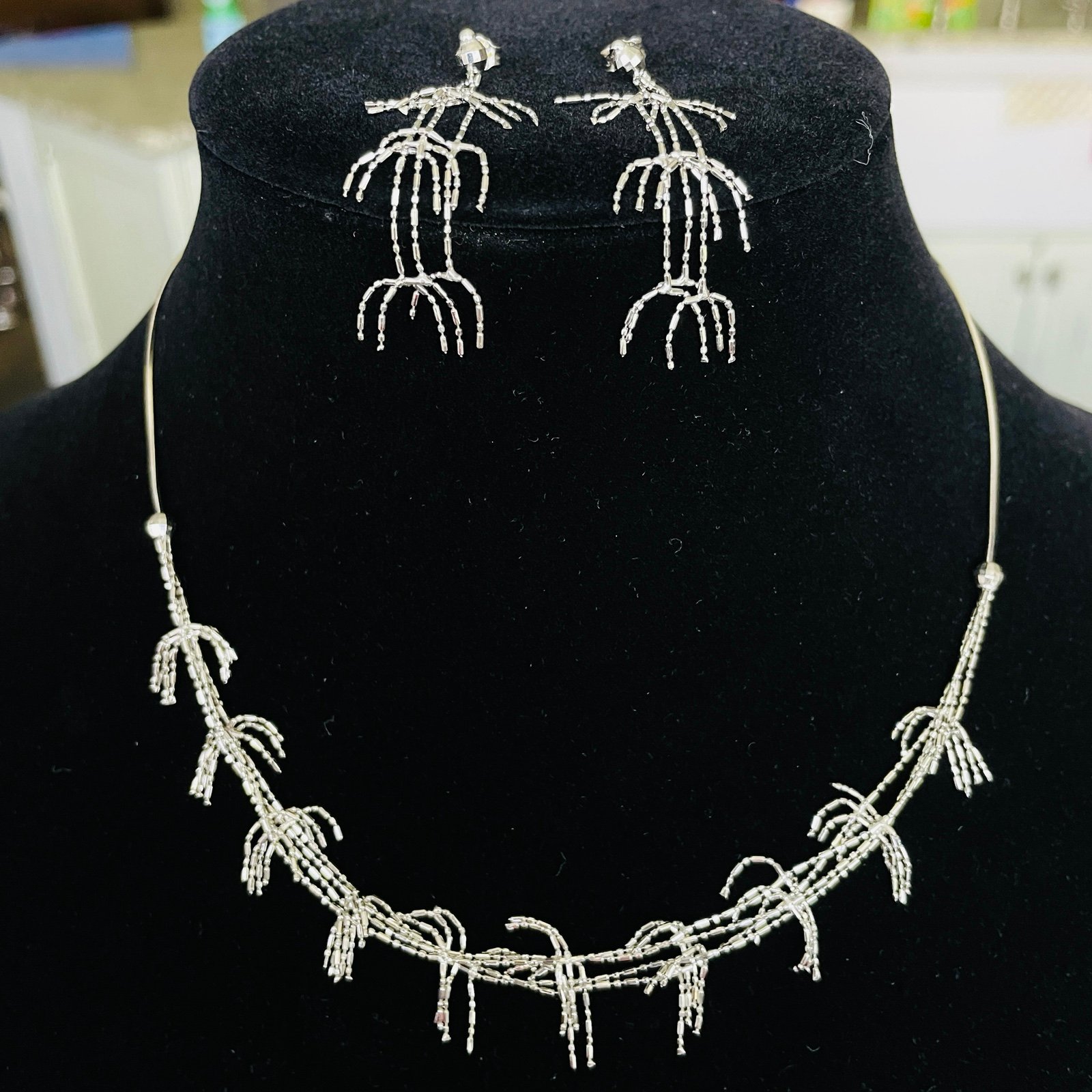 14k White Gold Dangle Palm Necklace & Chandelier Earrings VERY ELEGANT Set Italy