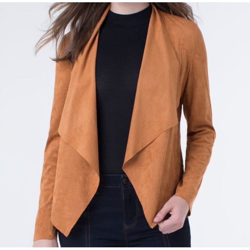 Liverpool Drape Open Jacket Cardigan Camel Tan Faux Suede Women's Size Small EUC