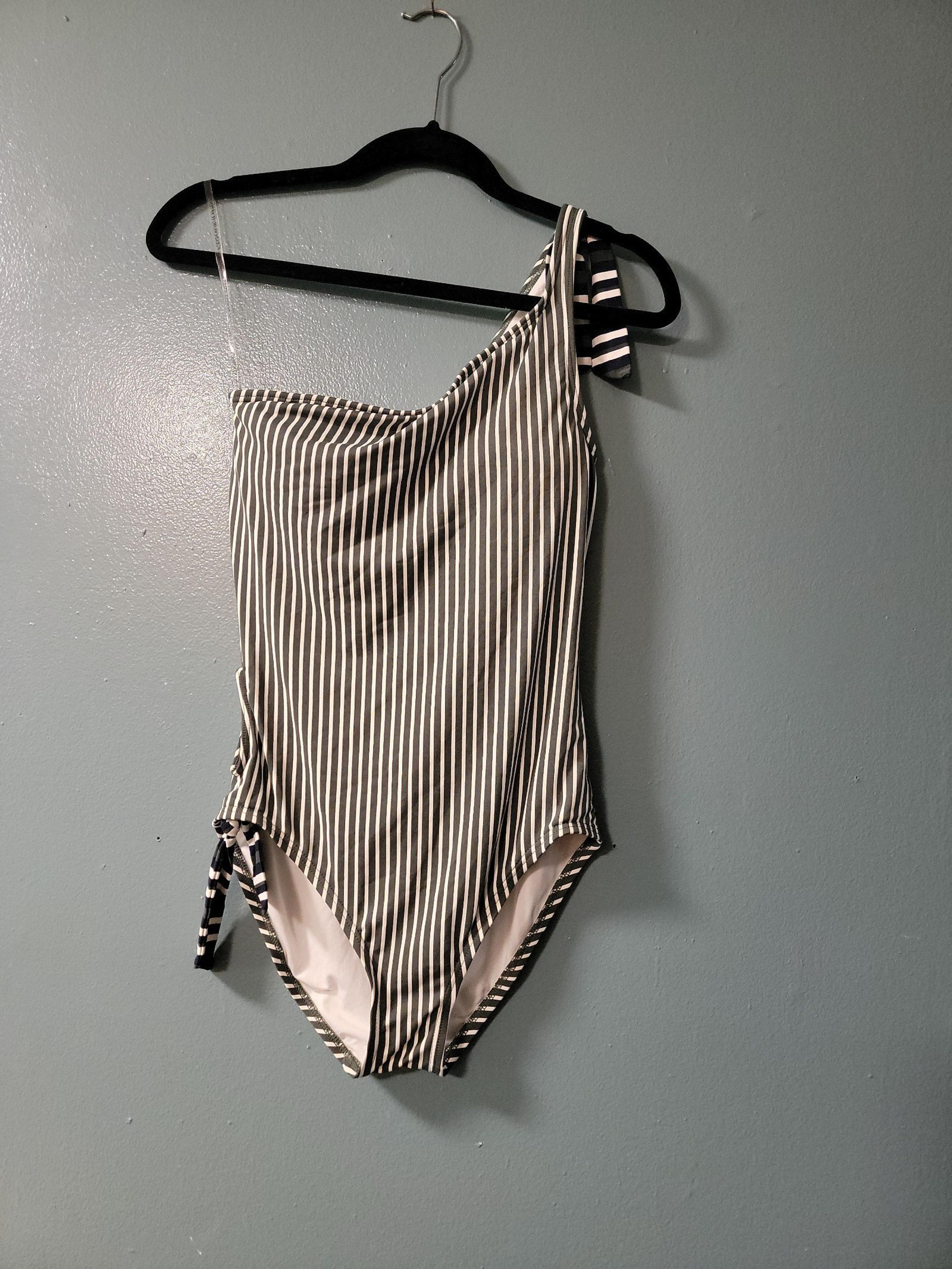 Sz 10 Tommy Hilfiger One Shoulder Tie Green Striped One Piece Swimsuit Size 10
