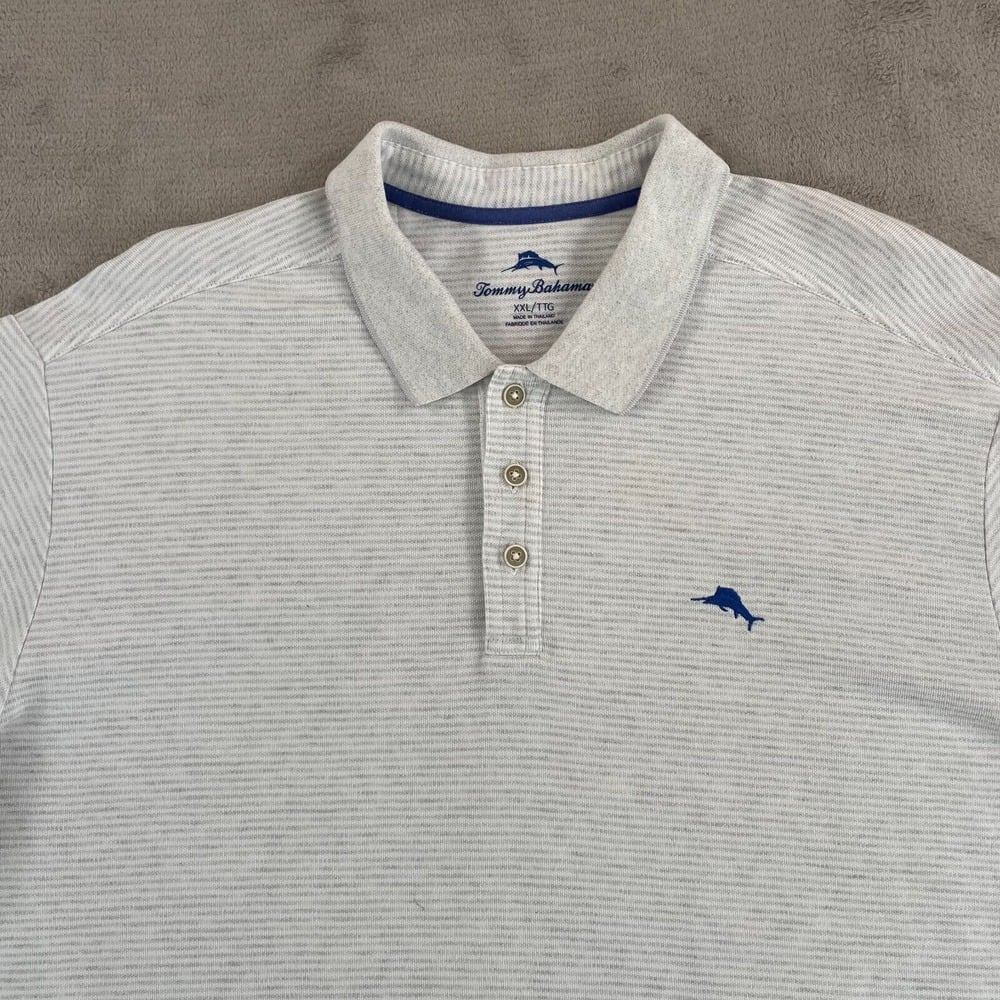 Tommy Bahama Emfielder Polo Shirt Men 2XL Grey Stripe Marlin Logo Short Sleeve
