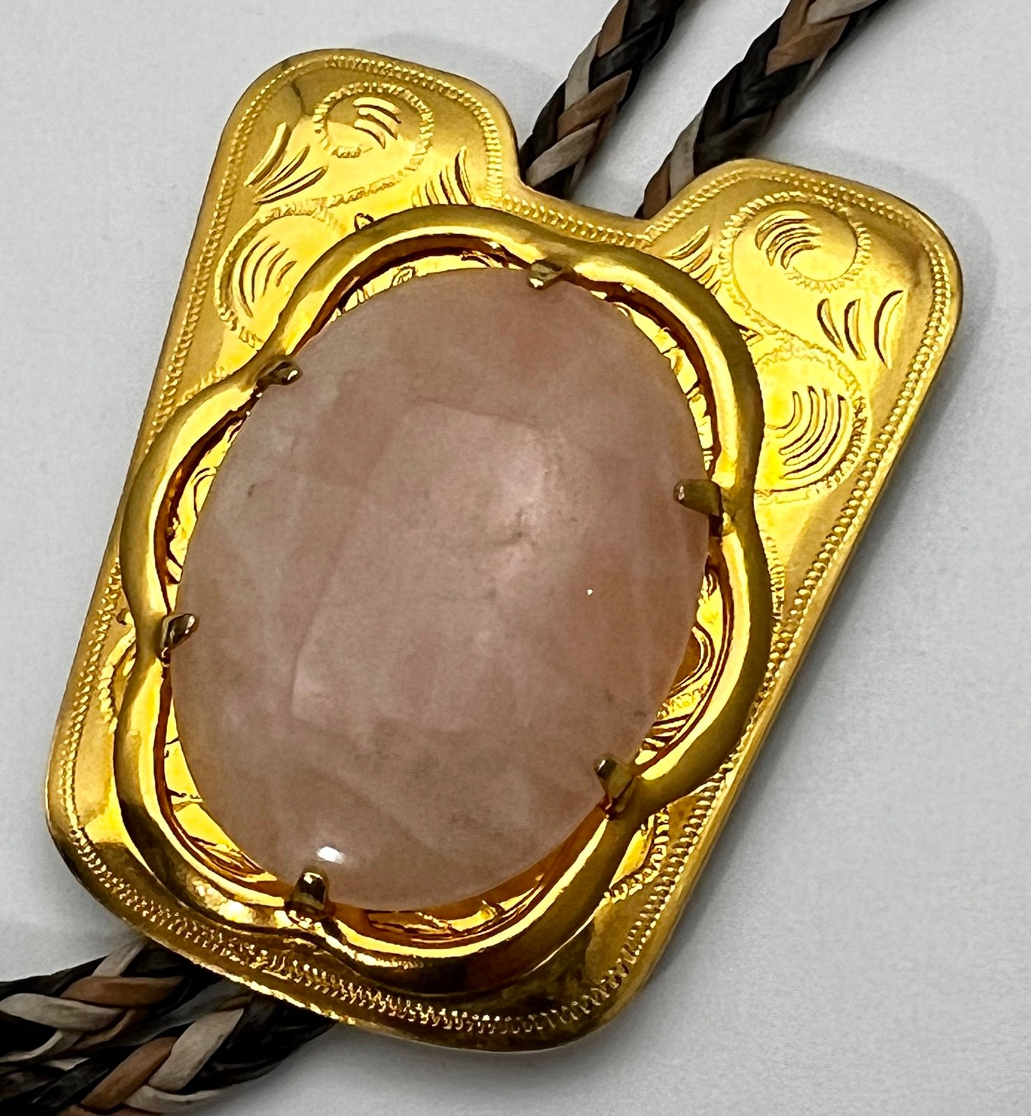 Pink Quartz Unisex Bolo Tie Gold Tone Multiple Shades of Leather Braided Strands