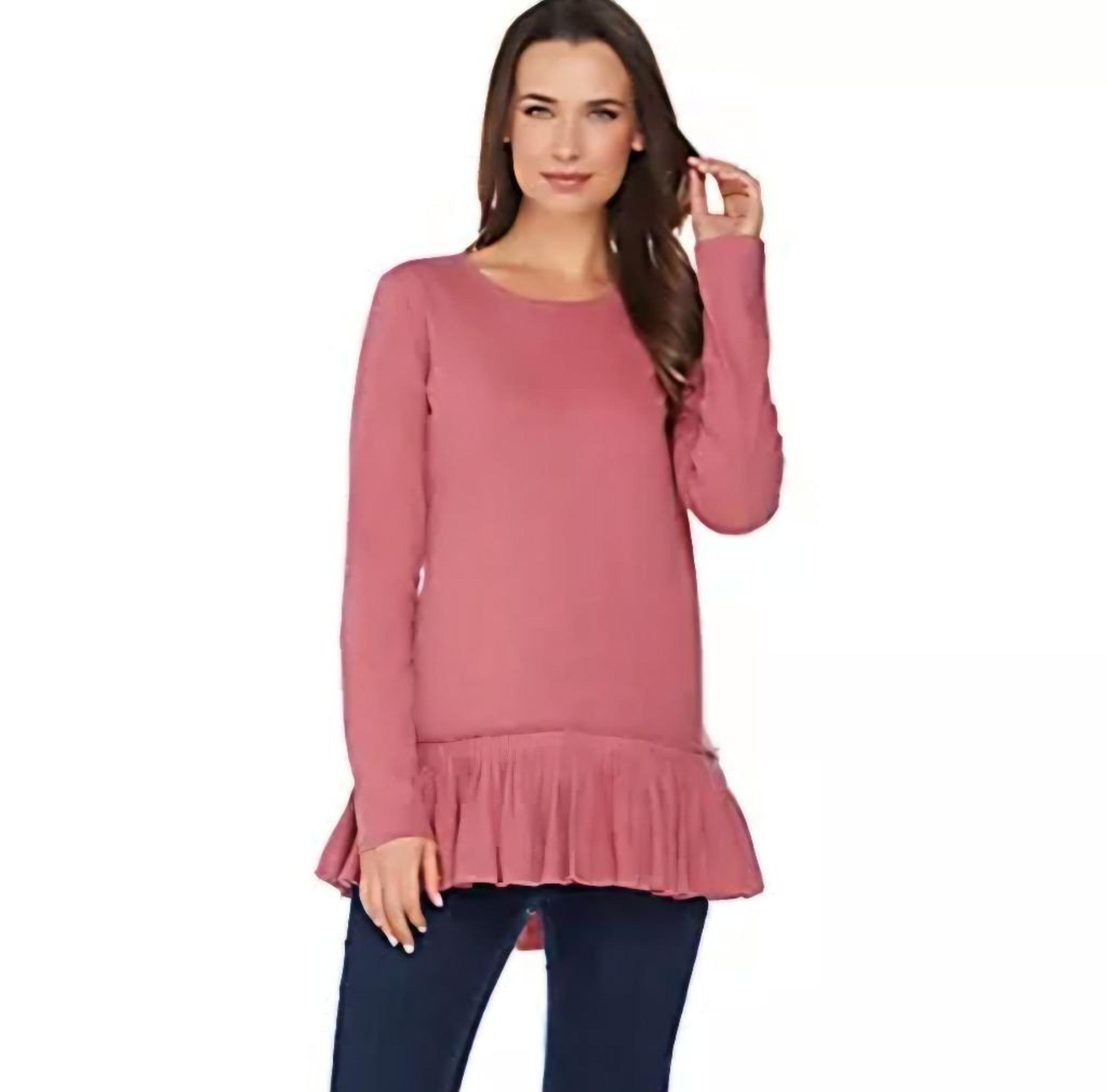 LOGO by Lori Goldstein XS Pink Cotton Slub Knit Top with Pleated Peplum
