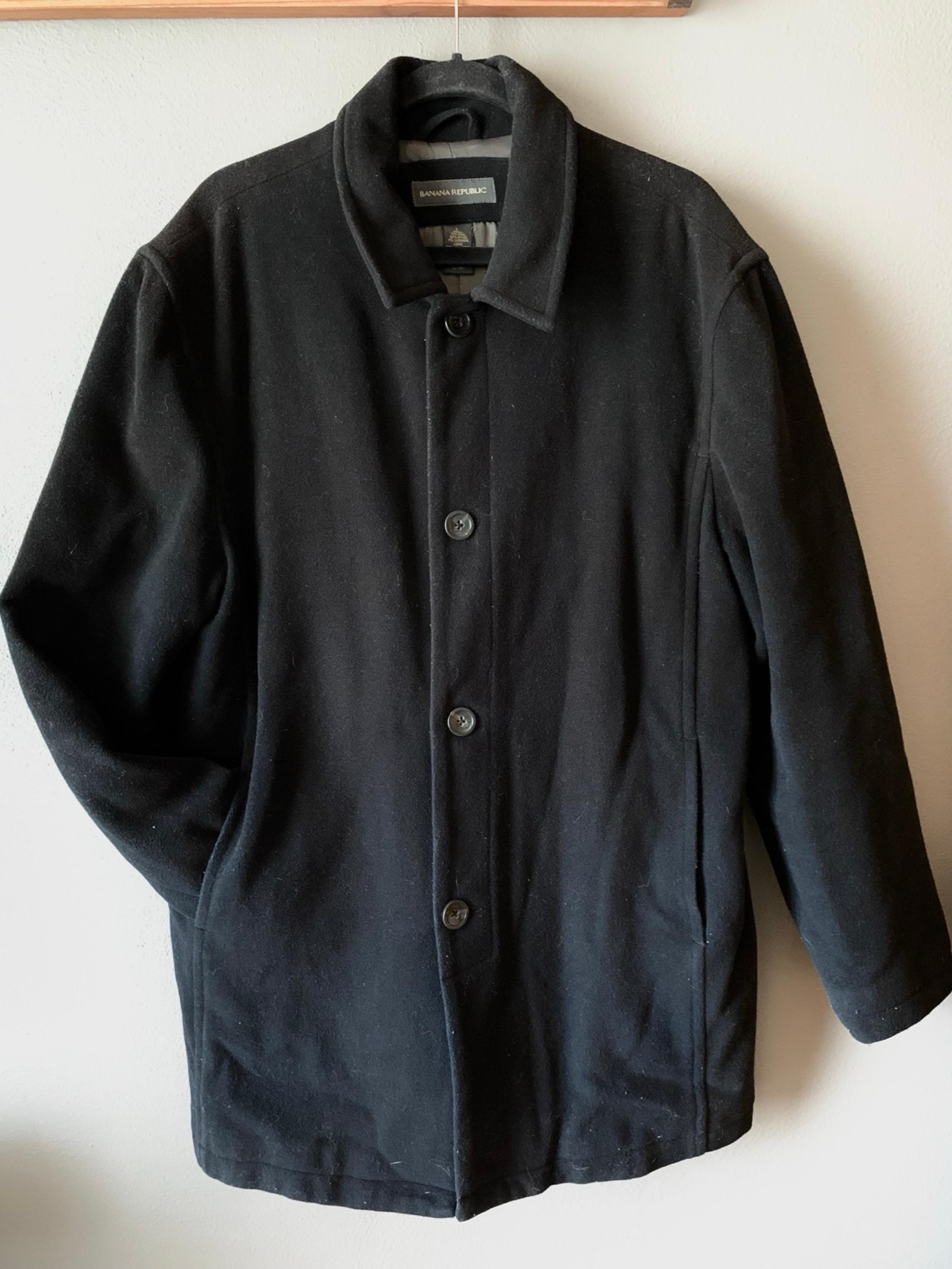 Banana Republic Mens Wool Cashmere Black Pea Coat Size L Jacket Overcoat Classic