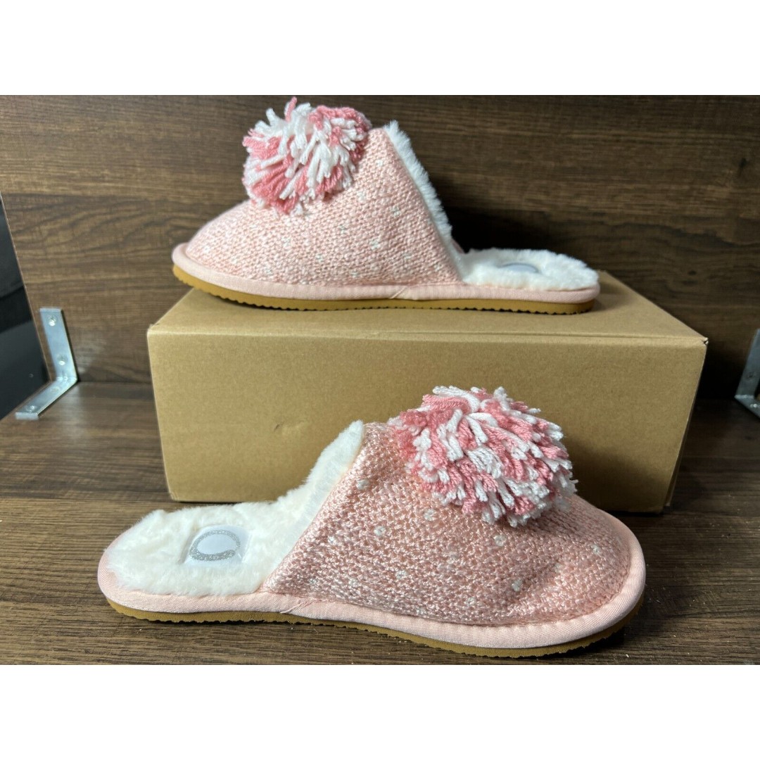 Journee Collection Stardust Slippers Women's Flat Slip On Pompom Pink 7M New