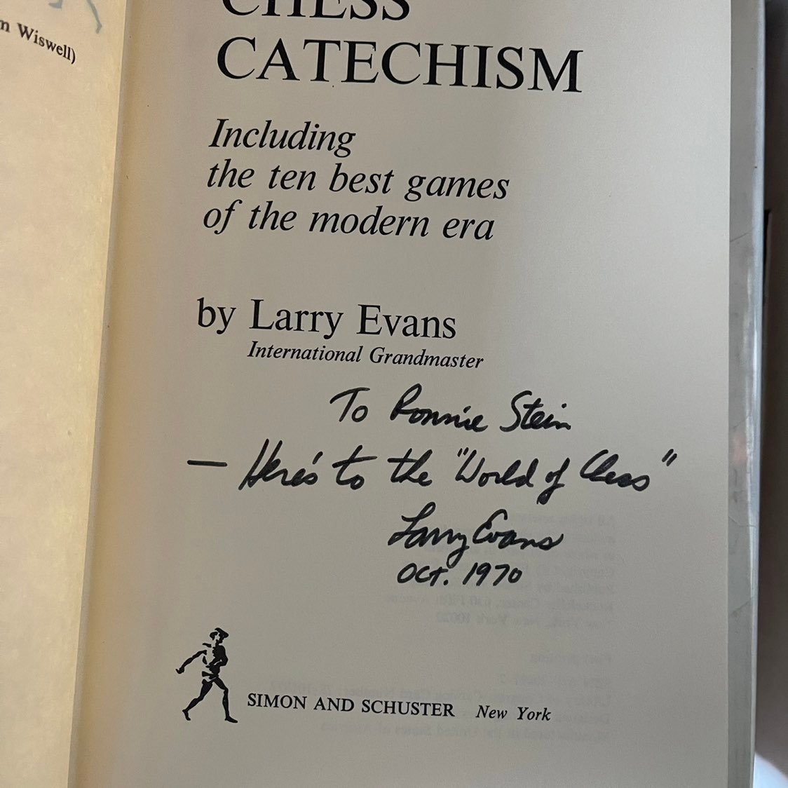 CHESS CATECHISM SIGNED LARRY EVANS 1ST/1ST
