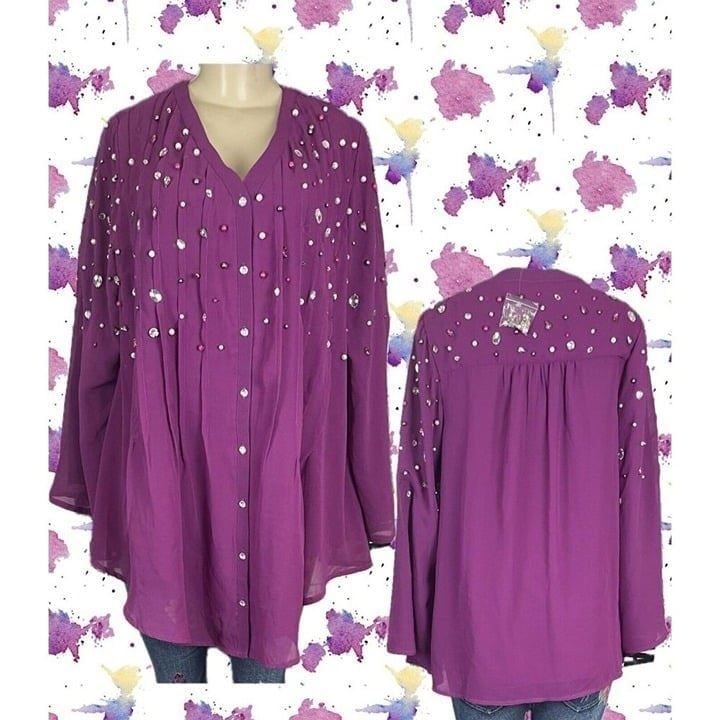 Roaman's 12W Magenta Jeweled Lined Pin-tuck Button Down Front Long Sleeve Blouse