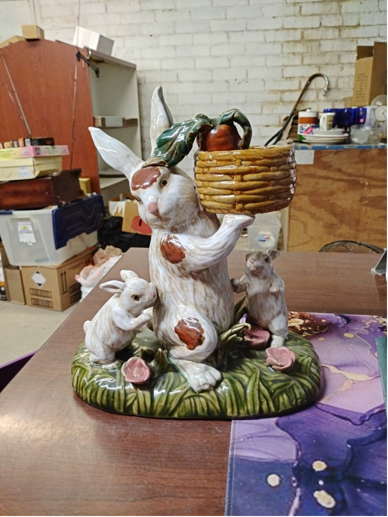 Vintage Majolica Bunny Rabbit Glazed Pottery Babies Carrot Large Basket Flower