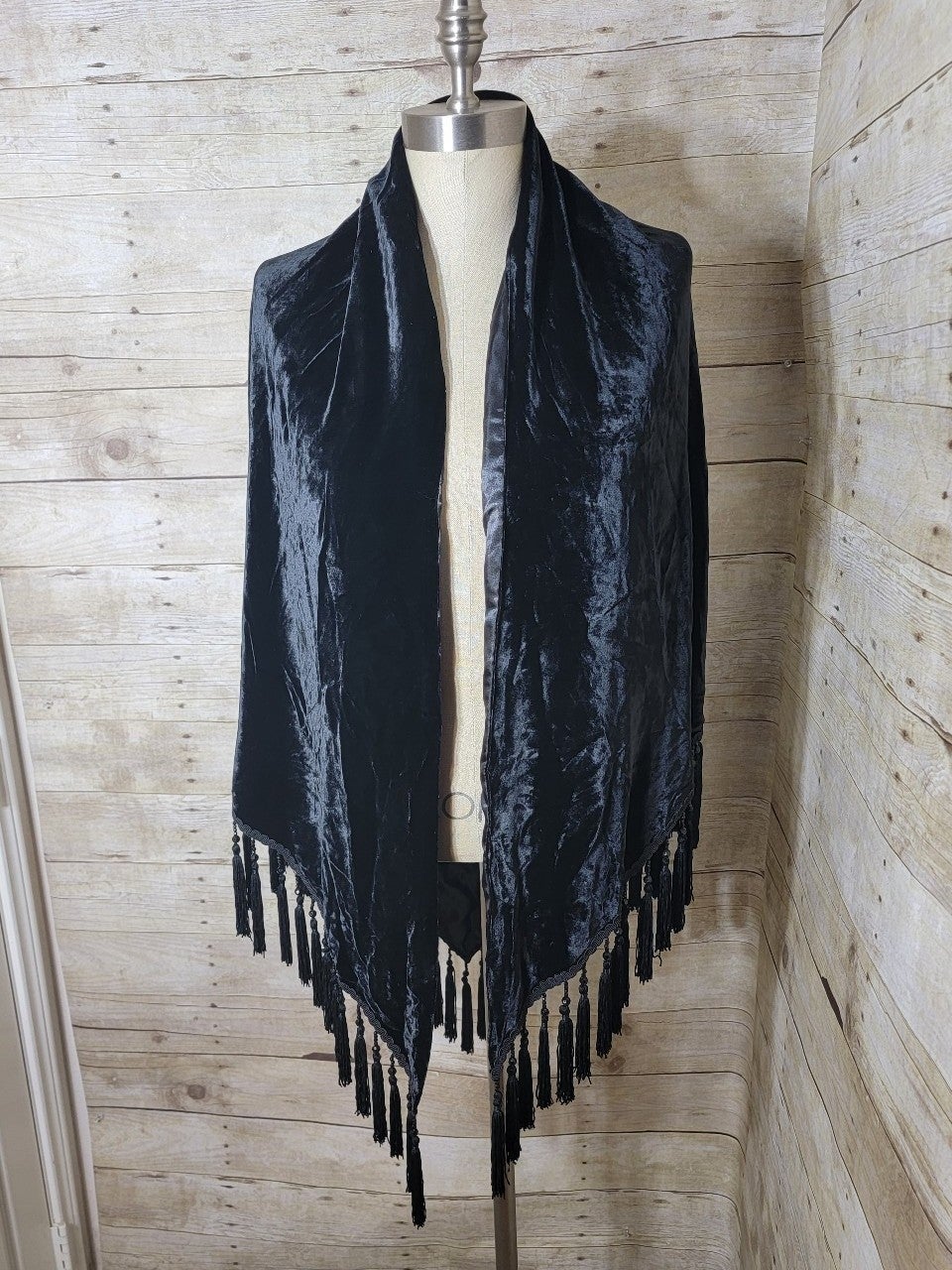 Valerie Stevens black velour shawl with fringe