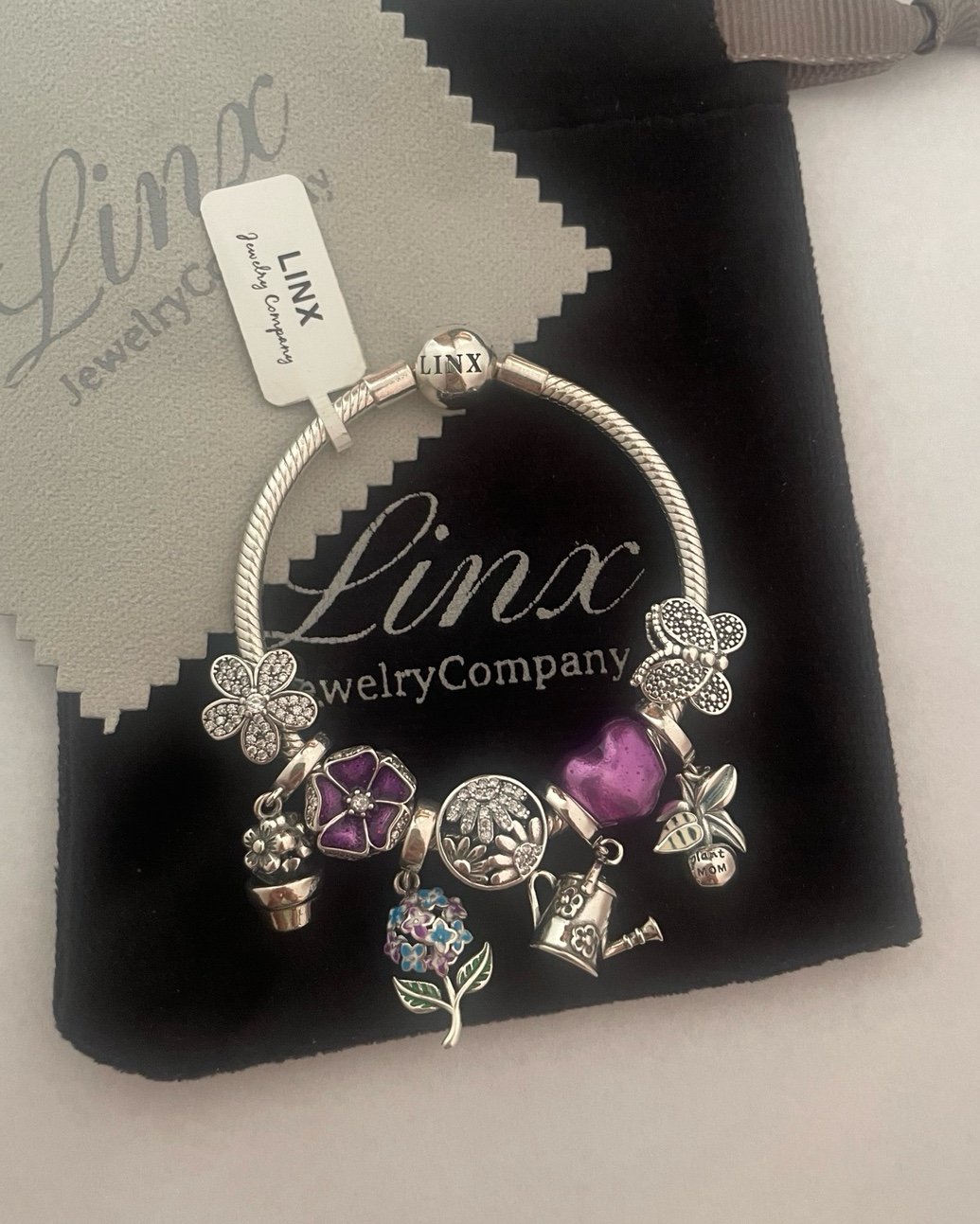Linx Snake Chain Bracelet with Purple Gardening and Flower Themed Charms