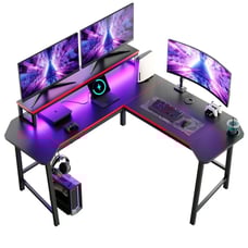 57 L-Shaped Gaming Desk with LED Lights & Monitor Riser – Carbon Fiber