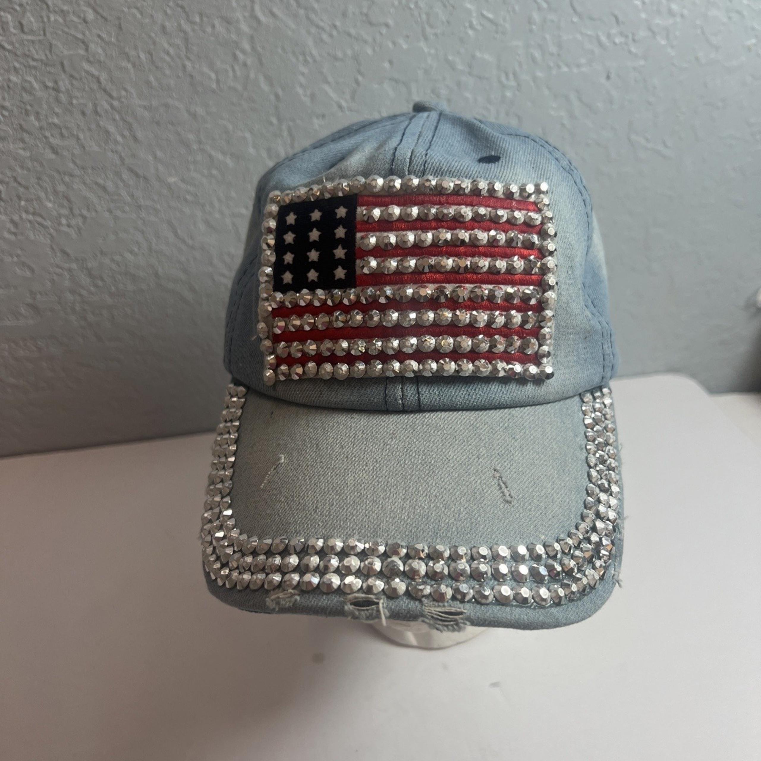 Jeans Blue Baseball Cap USA Flag Patriot Rhinestones Strapback Travel Hat