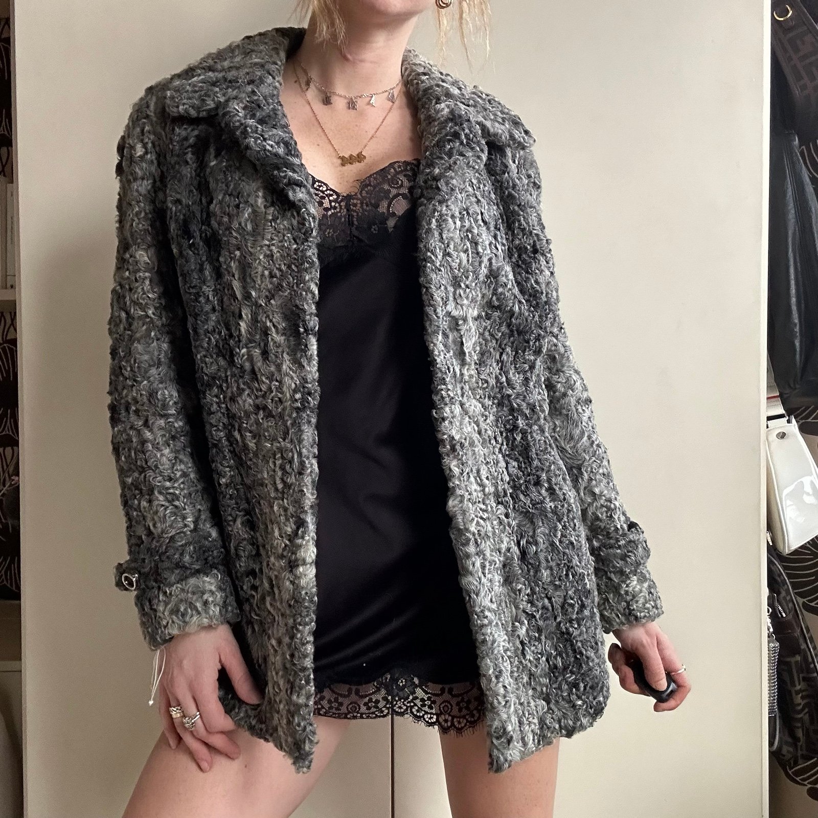 vintage silver astrakhan grey 1950s persian lamb fur peacoat