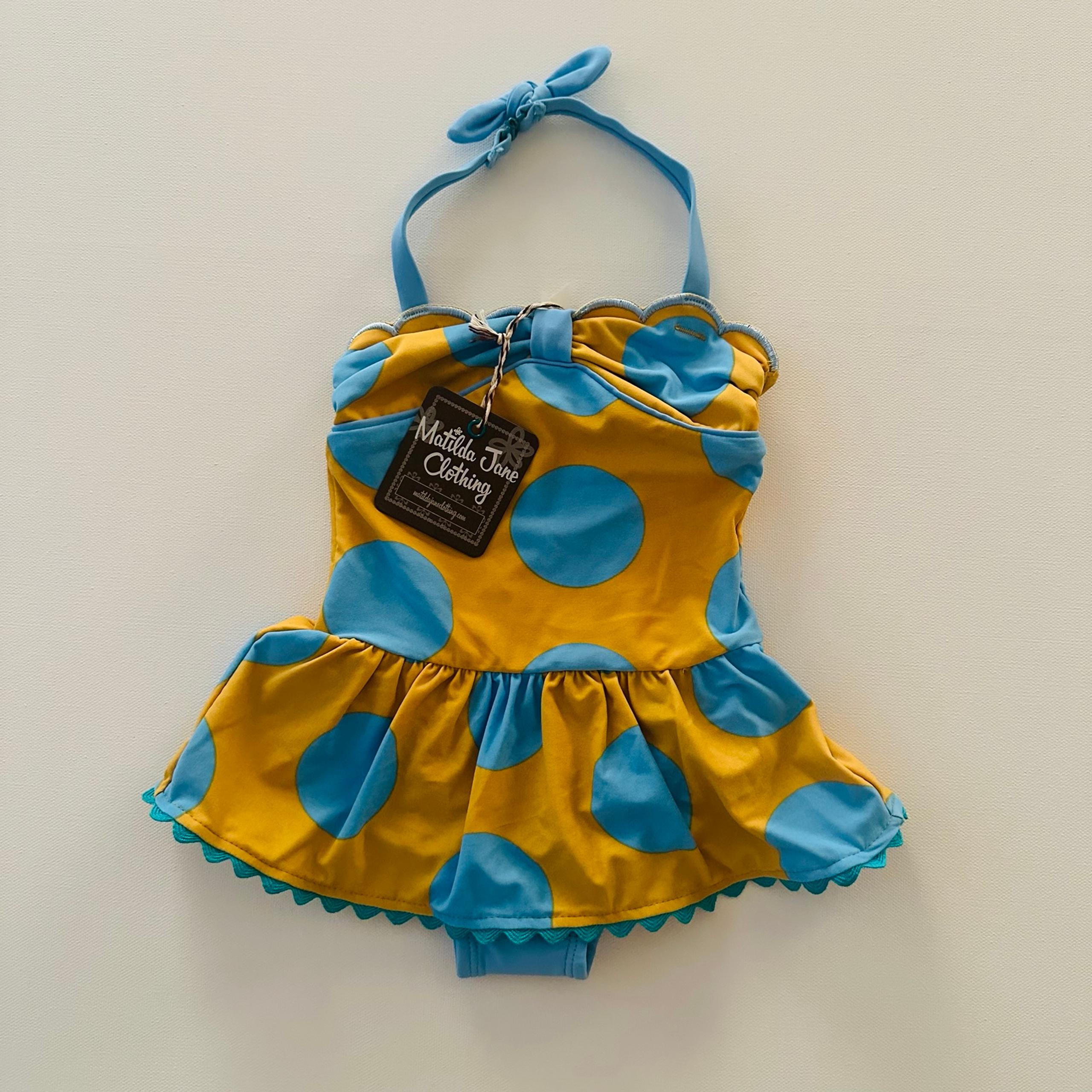 Matilda Jane 2T Toddler Girl Retro Yellow Blue Polka Dot Layered Swimsuit NWT