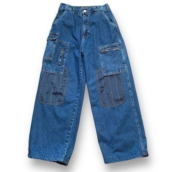 Kids Vintage Vector Jeans Baggy Wide Leg Utility Streetwear Medium Wash Denim