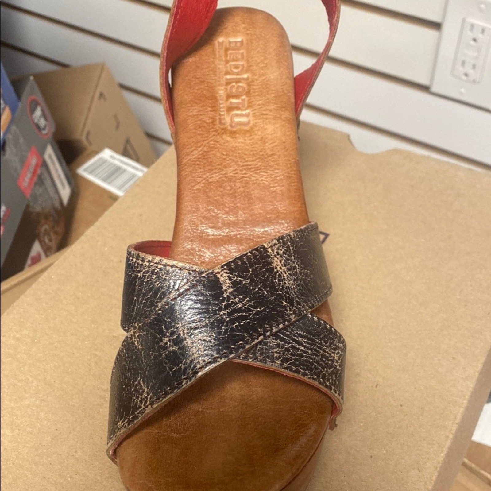 BED|STU Sz 8.5 Grettell Black Lux and Brown Wedge Sandals NIB