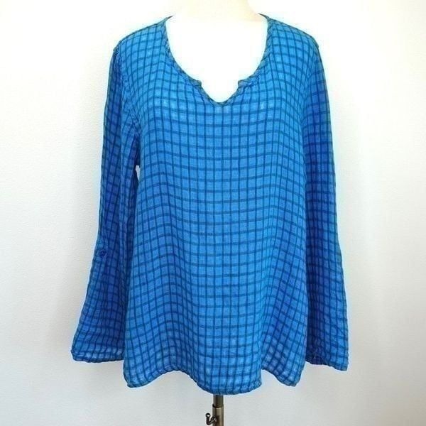 Flax Blue Linen Long Sleeve Lagenlook Check Top - S - Great Condition