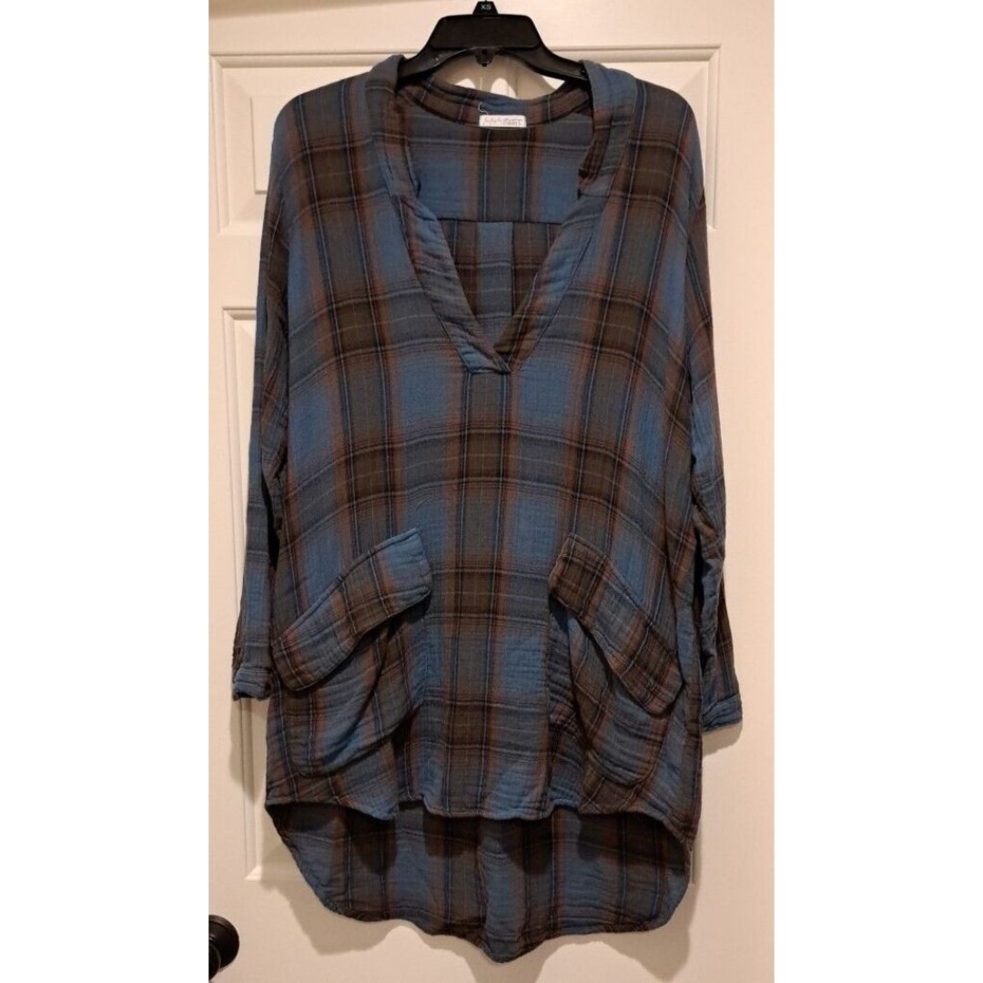 Free People x CP Shades Teton Double Gauze Cotton Blue Plaid Tunic/ Mini Dress S