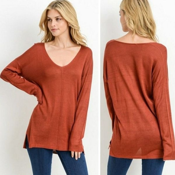 Rust Longline V- Neck Light Sweater Size Large NWT