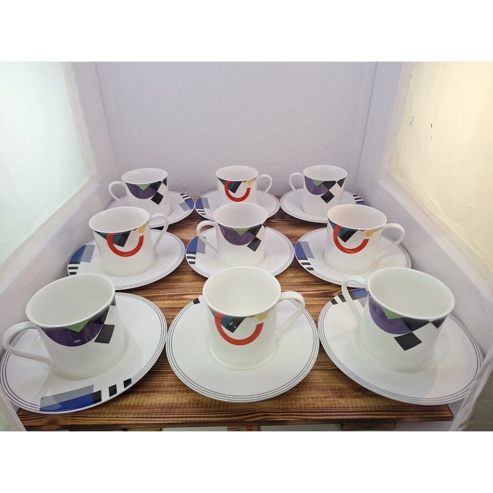 Set of 9 Mikasa Maxima High Spirits Cups & Saucers 18 Piece Set Used Slight Wear