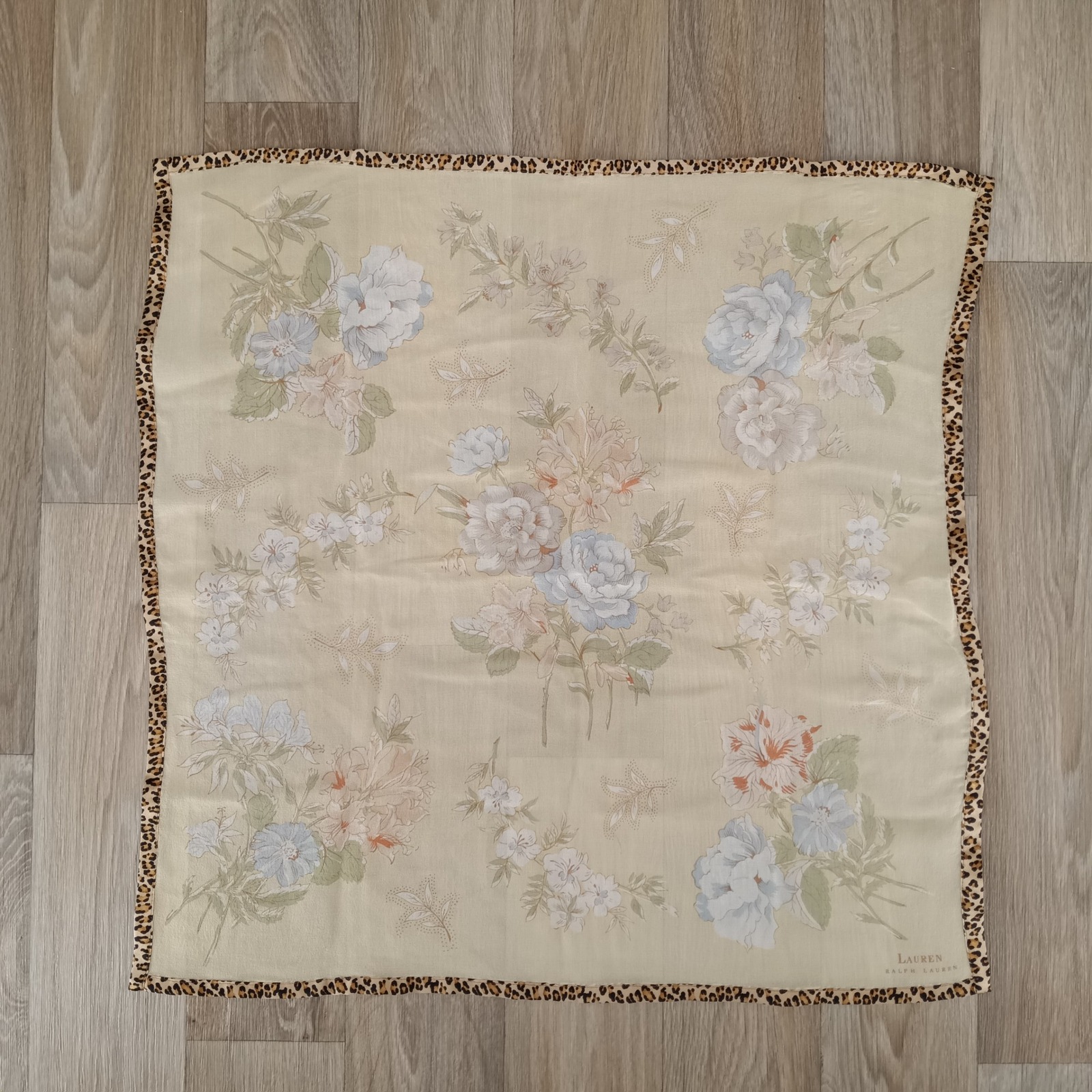 Lauren Ralph Lauren 100% Silk Floral Scarf Leopard Print Border Square