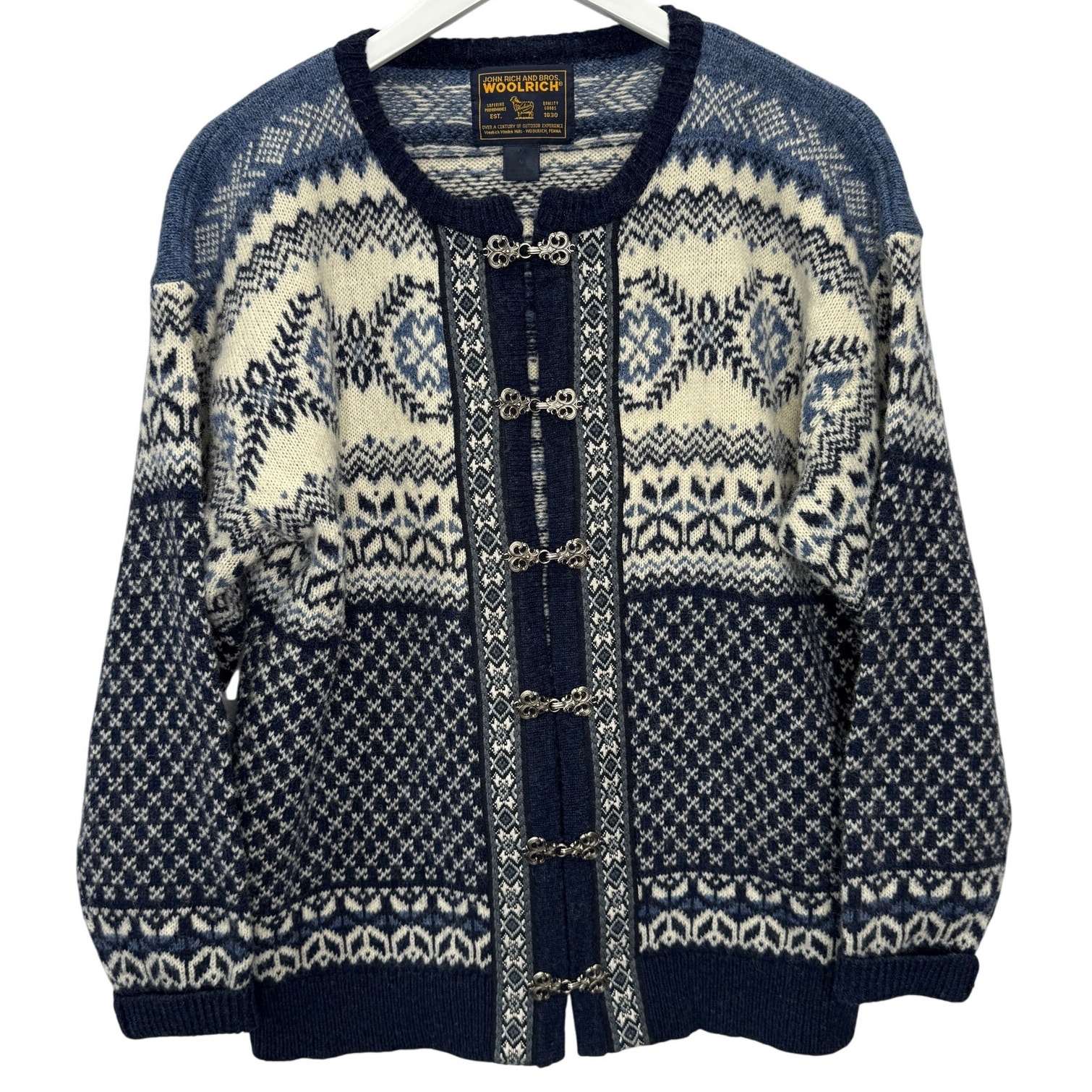 Woolrich Womens Cardigan Sweater Size M Blue Fair Isle Stripe Metal Clasp