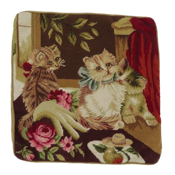 Needlepoint Pillow Cover Cat Kittens Pink Rose Flowers 17.75x17.75in Velvet