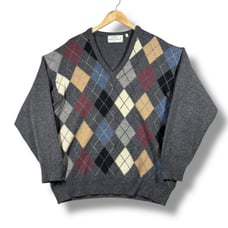 Quill's Woolen Market Men Argyle Lambswool Sweater V-Neck Gray Ireland L Grandpa