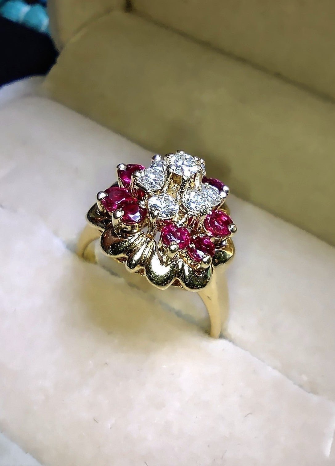 Vintage Art Deco Natural Mined Diamond & Ruby Ring Set in Solid 14kt Yellow Gold