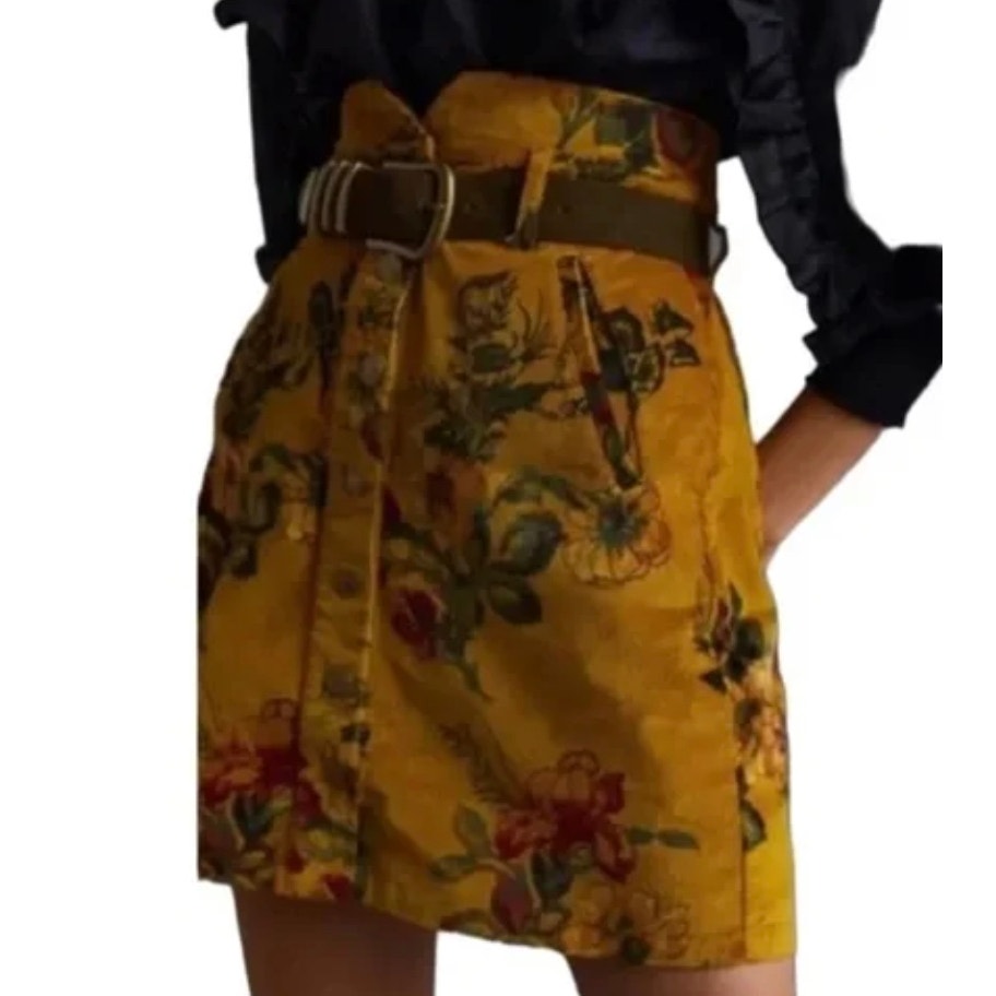 NWT Anthropologie Pilcro Corduroy Mini Skirt Size 12 Womens Yellow Floral