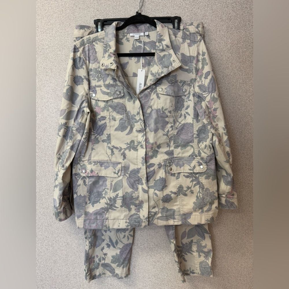 Chicos Womens Size 2 (L/12) MILITARY TWILL UTILITY JACKET SMOKEY TAUPE Set