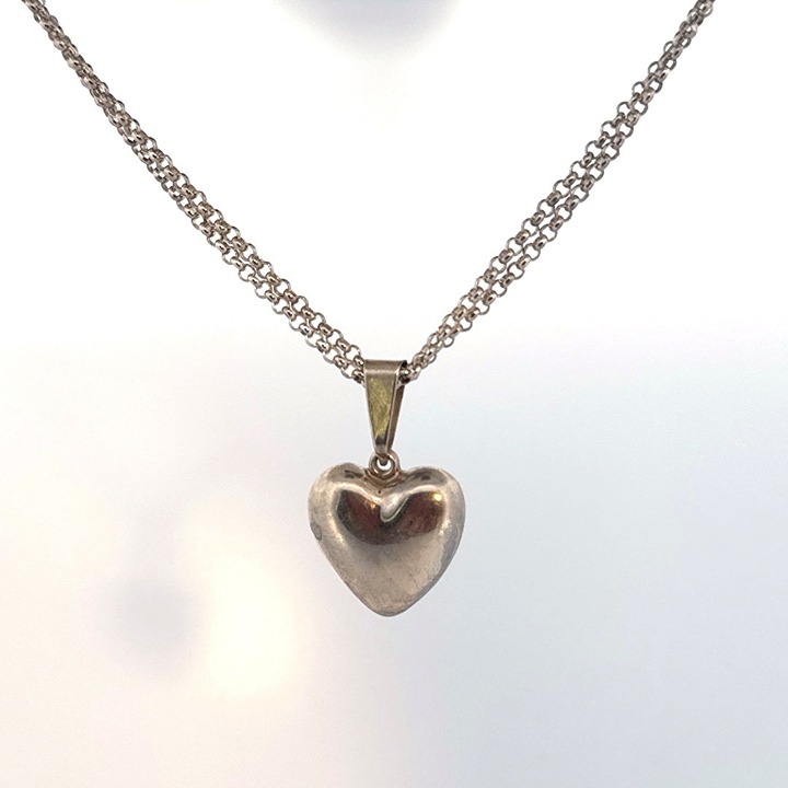 Estate Sterling Silver 925 Double Chain Heart Pendant Necklace 17” Lobster Clasp