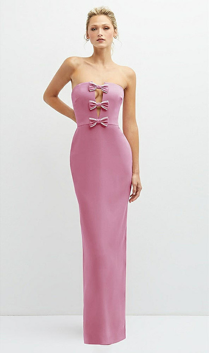 After Six 6892..Rhinestone Bow Trimmed Peek-a-Boo Deep-V Maxi Dress...Pink..Sz 0