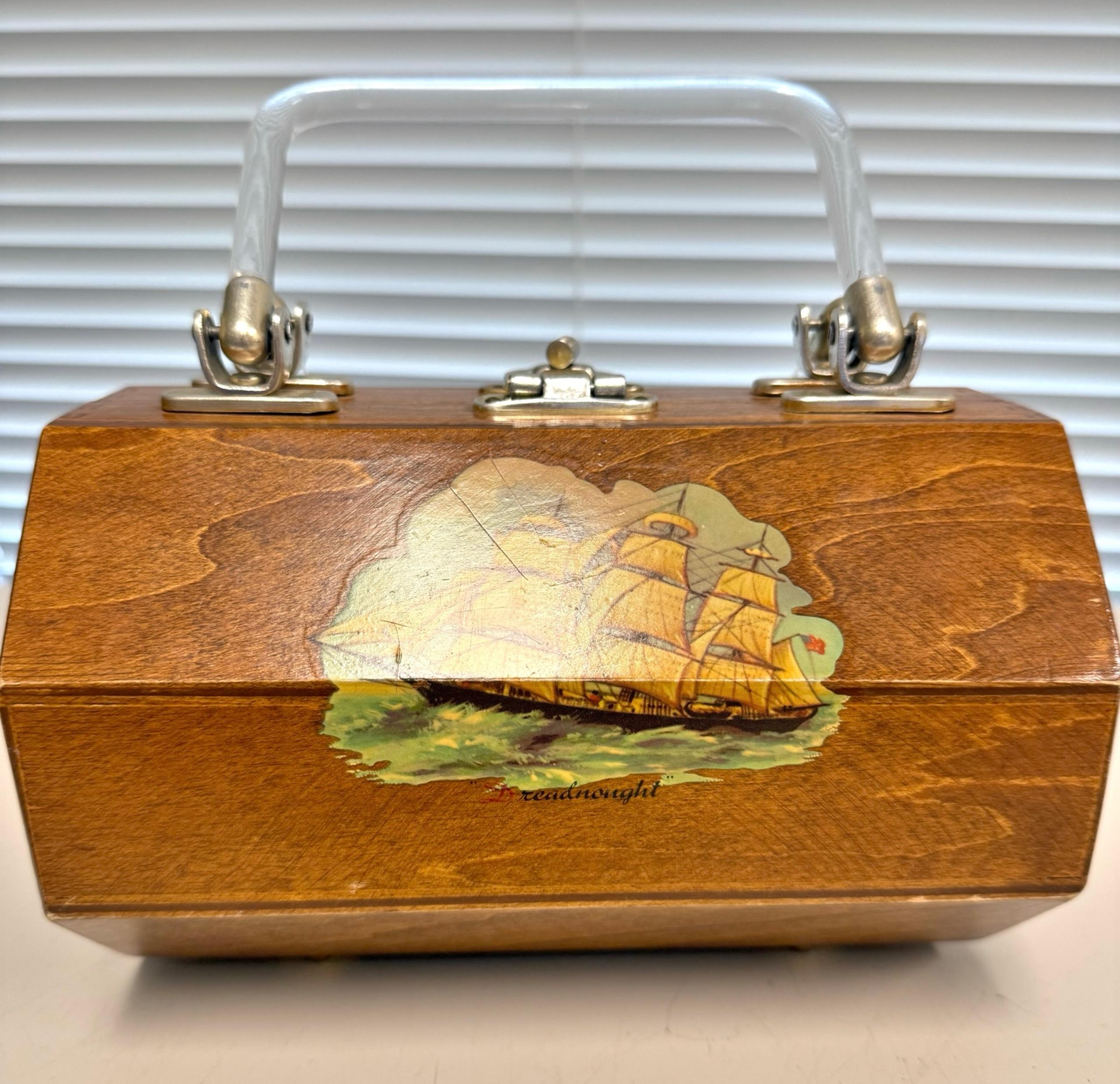 Vintage Nautical Ship WOODEN Purse Handbag 1960s HONG KONG Lucite Handles