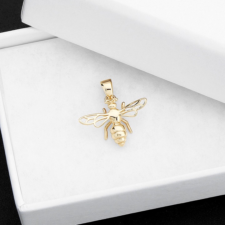 Bumble Honey Bee 3D Animal Pendant Lucky Charm for Fertility in 14k Yellow Gold