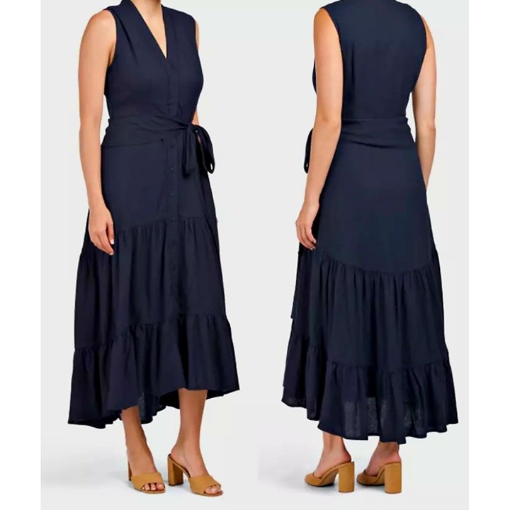 Nicole Miller Linen-Blend Eyelet Trim Tiered Women's Shirt Dress W/Belt Size L