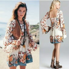 Free People Chinoise White Floral Print Boho Gypsy Festival Mini Dress Tunic