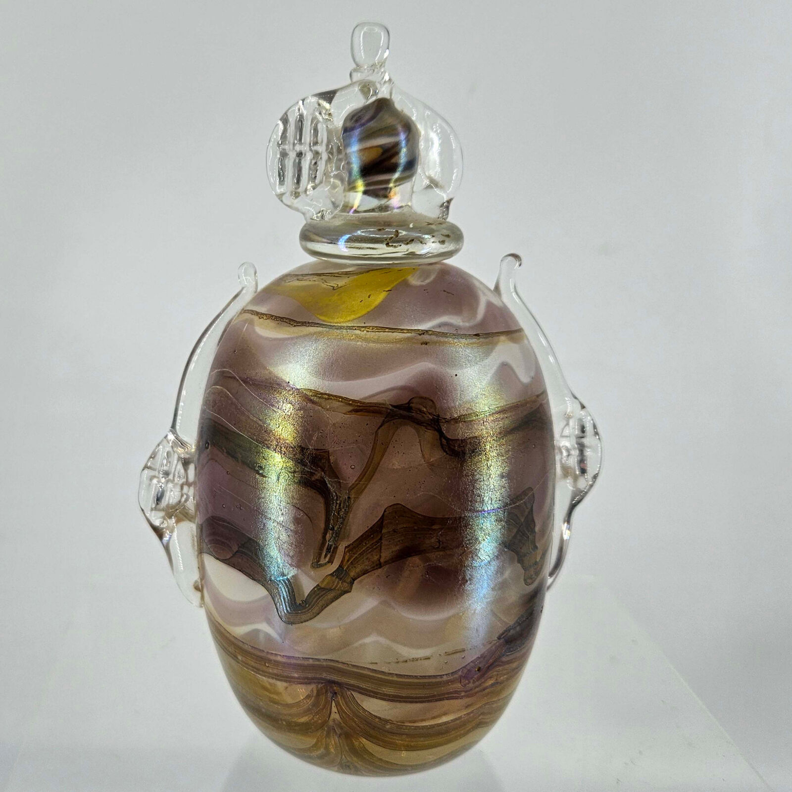 Signed hand blown Pulled Iridescent Art Glass Perfume Bottle w Dauber stopper
