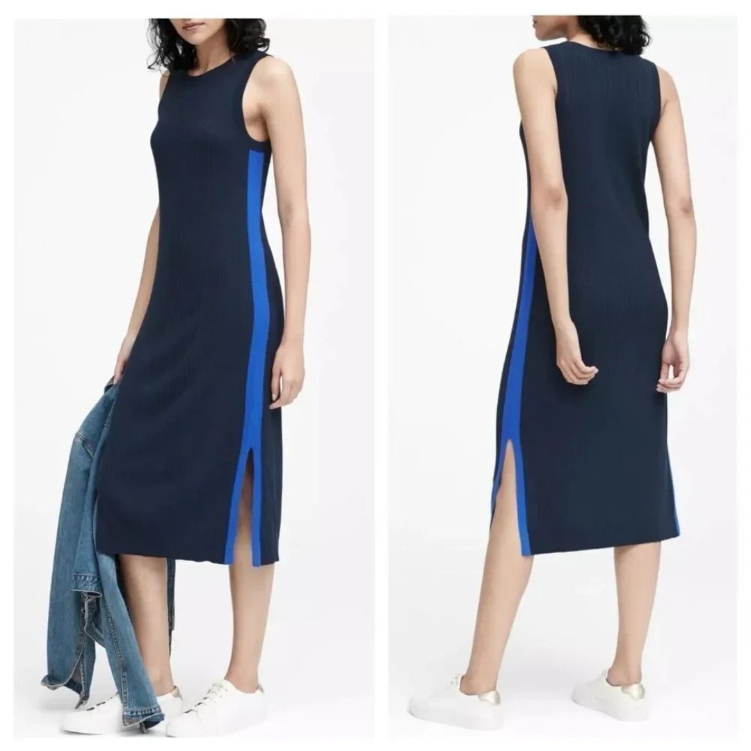 BANANA REPUBLIC Ribbed Navy Side Stripe Midi Dress Large Petite