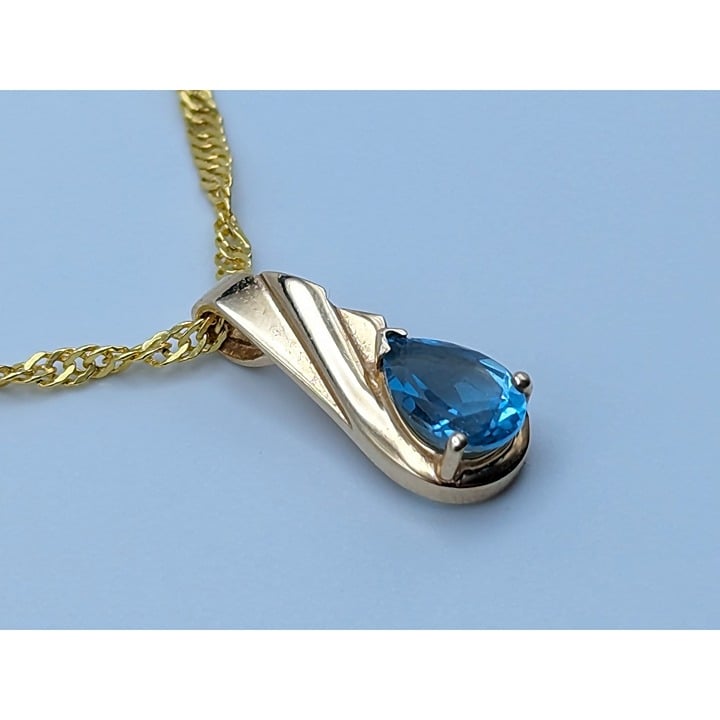 14k Yellow Gold Swiss Blue Topaz Tear Drop Pendant + 18k GF 18 Chain