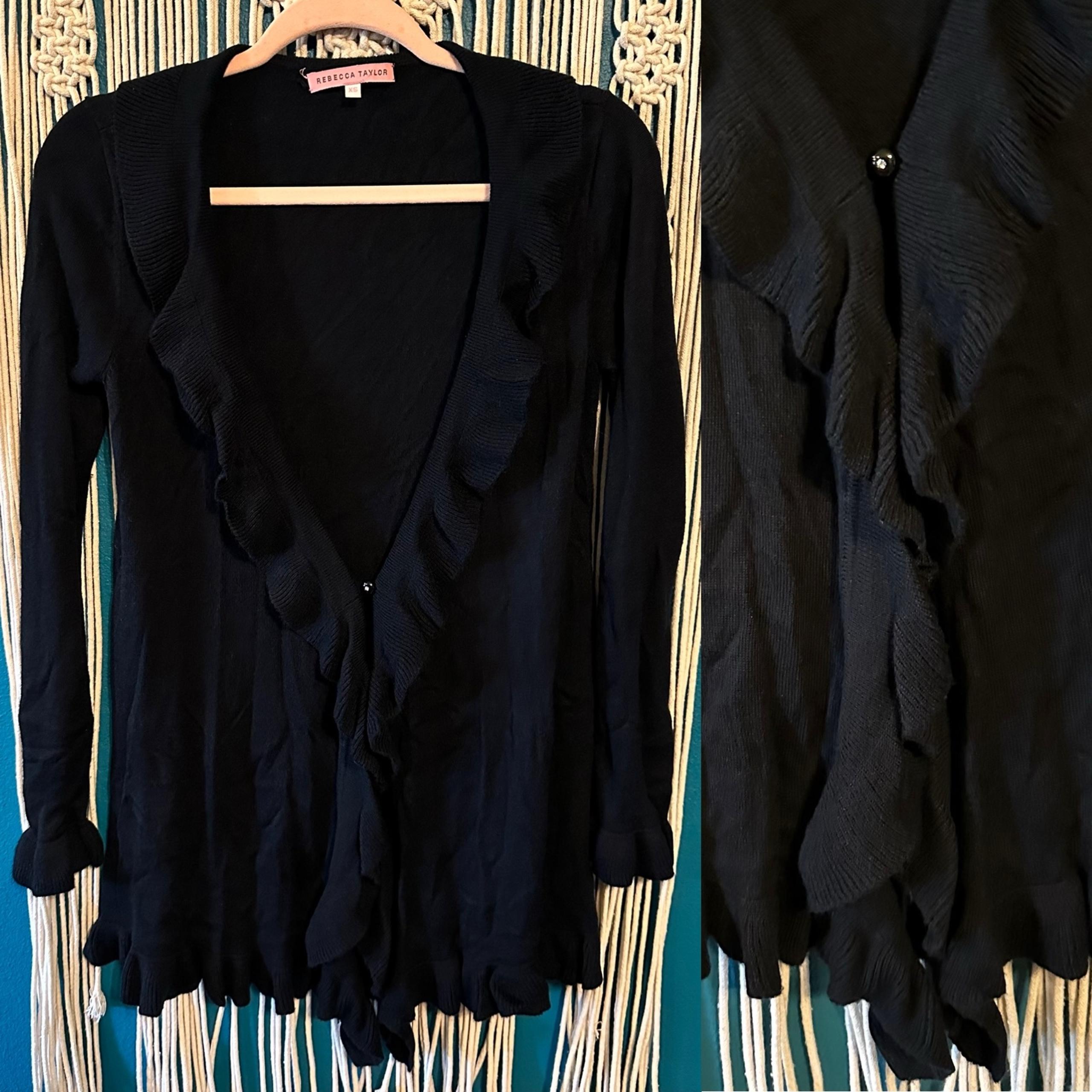Rebecca Taylor | Black Soft Knit Ruffled Trim Waterfall Cardigan Sweater XS