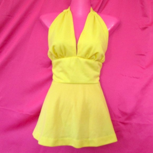 1970s vintage yellow halter mini dress size small bikini top