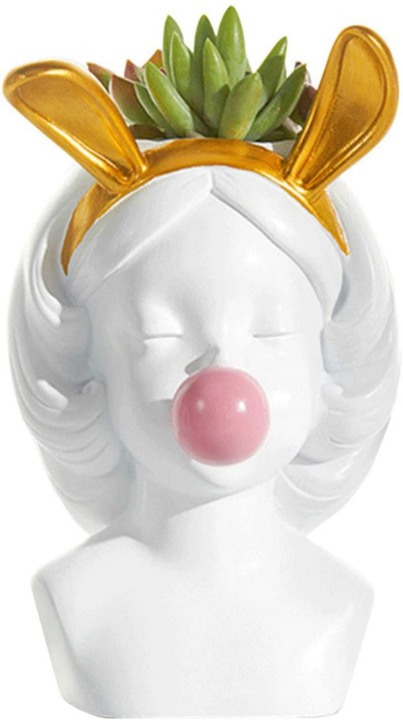 Large Size Rabbit Girl Face Vase, Blowing Bubbles Head Pot Resin Statue Vases