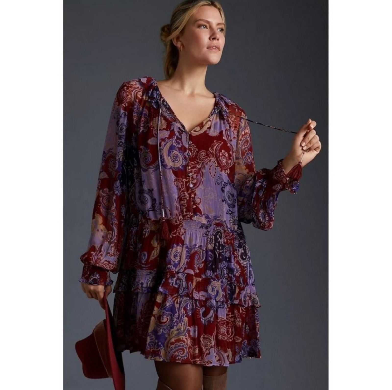 Anthropologie The Marais Printed Paisley Chiffon Mini Dress XS Women's
