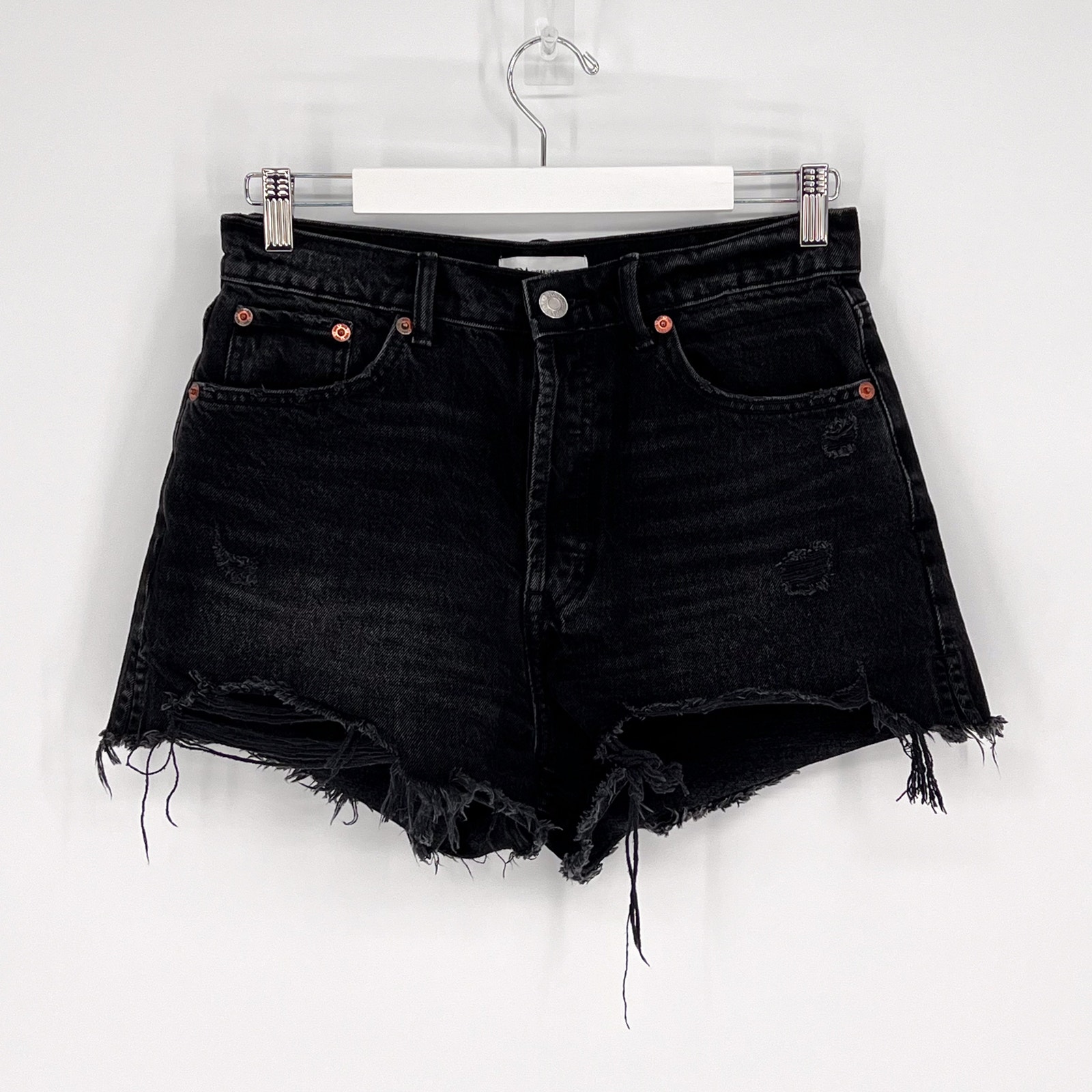ZARA High Rise Distressed Denim Shorts Black