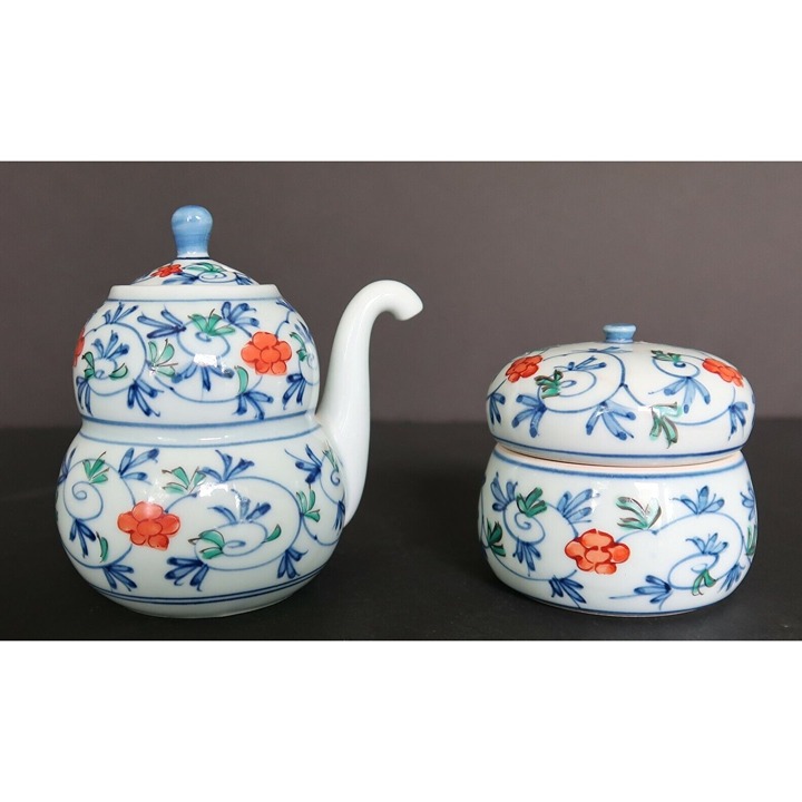 Vtg Chinese Arita Ware blue green & orange design ceramic sugar bowl & creamer