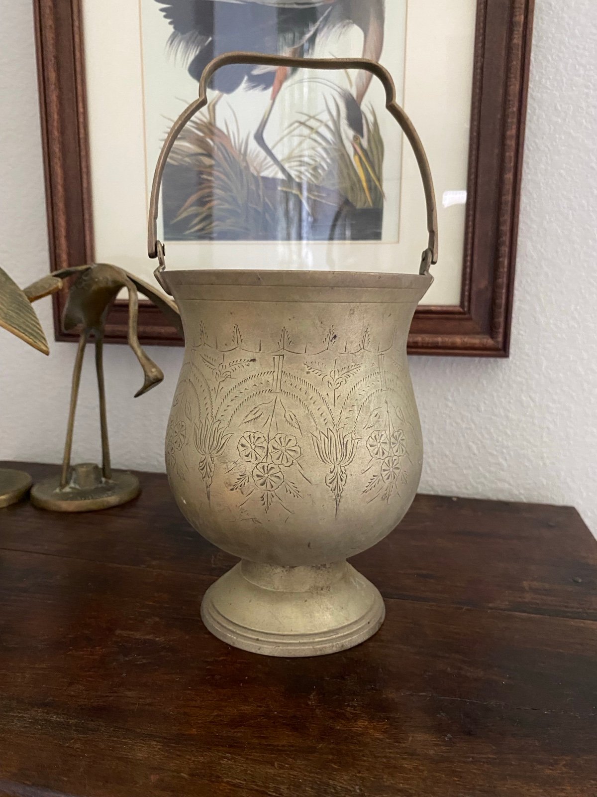 Vintage Brass Ice Bucket Etched Floral Vase With Handle Vintage Ice Bucket