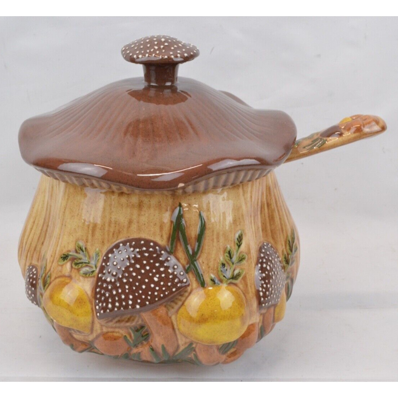 Vintage Pottery Arnel’s 3D Mushroom Shape Ceramic Serving Bowl Soup Tureen Ladle
